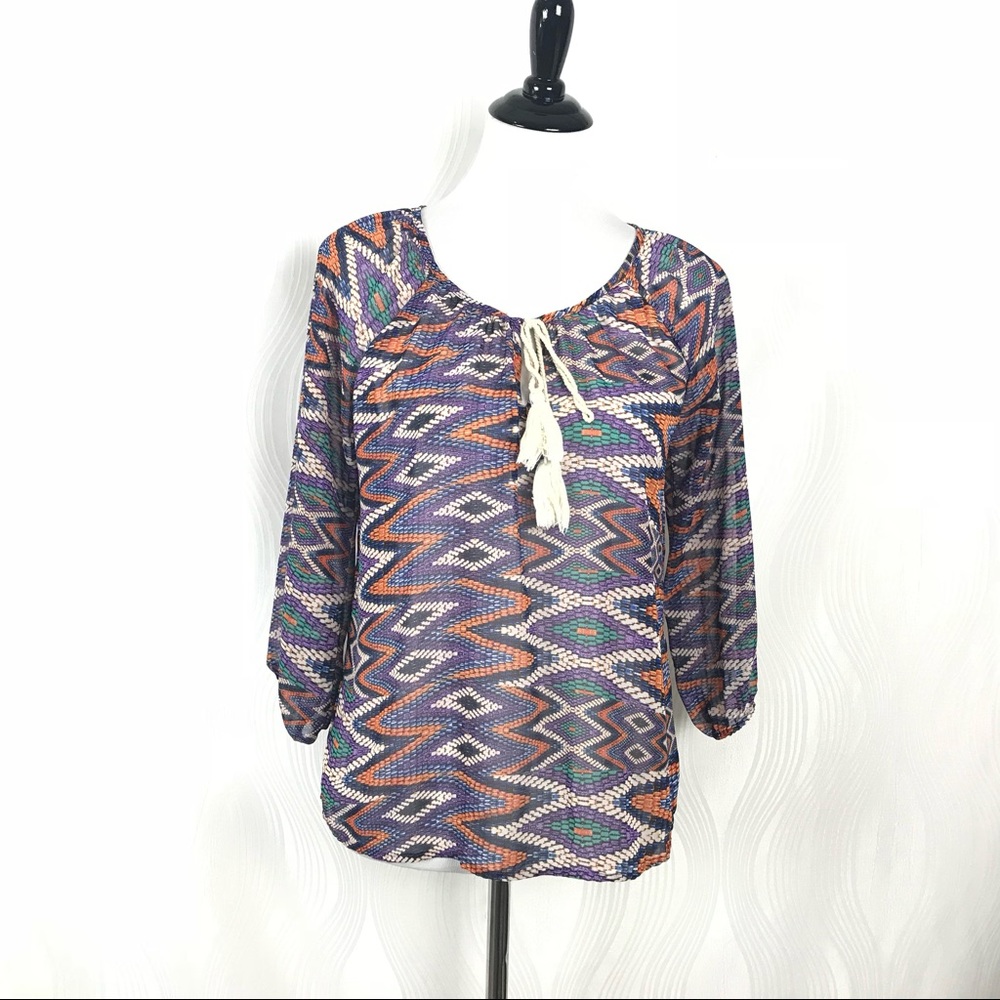 Veronica M Zig Zag Pattern Blouse Tassel Colorful Sheer Top Women's Size S